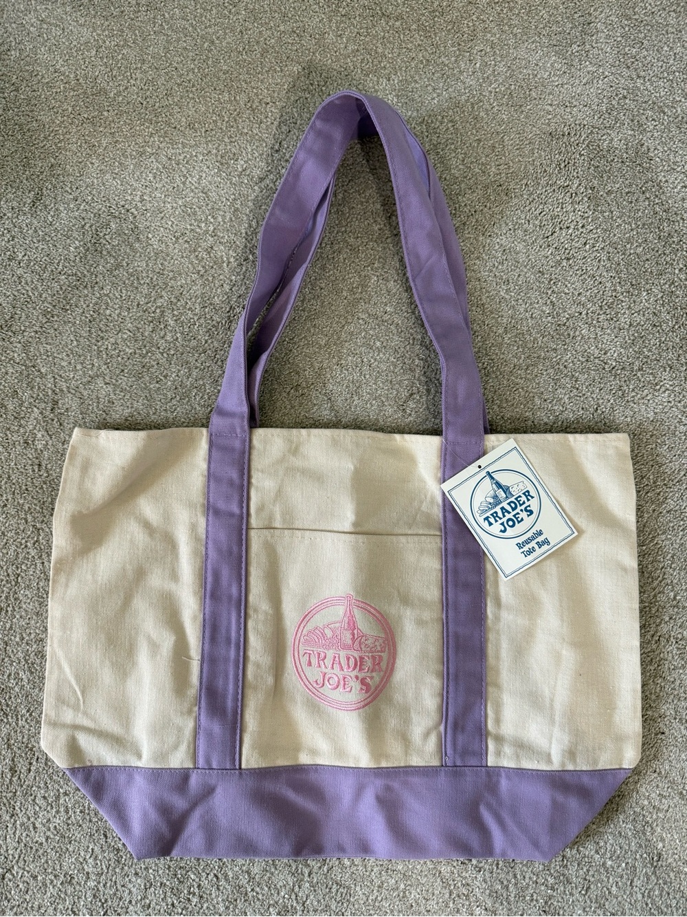 Trader Joe's Cream Canvas Tote with Lavender Accents